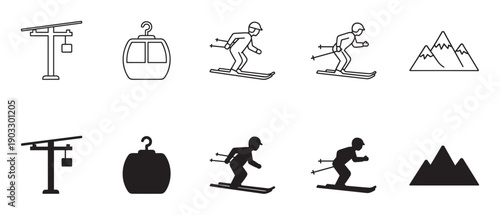 Black and white winter sport icon collection featuring skiers, a cable car, ski lift, and mountains in minimalist line art and solid silhouette vector illustrations