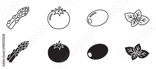 Set of black vegetable and herb icons showing asparagus, tomato, olive, and mint in two different styles, line art and solid glyph, for graphic design and culinary concepts