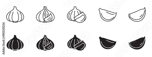 Set of black garlic icons showing whole bulbs and individual cloves in minimalist line art and solid glyph styles, perfect for culinary branding or recipe illustration