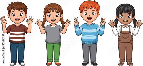 Diverse Group of Happy School Children Characters Showing Hand Gestures and Peace Signs for Educational Materials, Youth Programs, Kindergarten Classroom Decorations, and Diversity Illustrations
