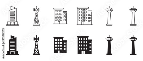 Collection of building and tower icons in line art and solid silhouette styles, featuring skyscrapers, communication masts, and observation towers for urban graphic design