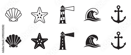 Set of black nautical themed icons featuring a seashell, starfish, lighthouse, wave, and anchor in both outline and solid silhouette styles for graphic design elements