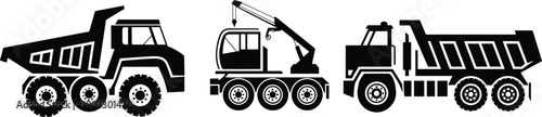 Dump truck, heavy machinery, construction vehicle, crane truck, industrial transport, black silhouette, equipment icon, mining truck, cargo hauler, vector graphic