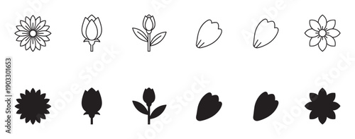 Set of black flower icons showing different floral shapes, including blossoms, buds, and petals in both line art and solid silhouette styles for graphic design elements