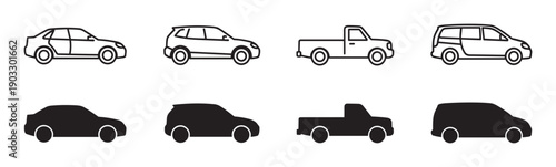 Set of black car vector icons showing different vehicle types like sedan, SUV, pickup truck, and minivan in both line art and solid silhouette styles from a side view