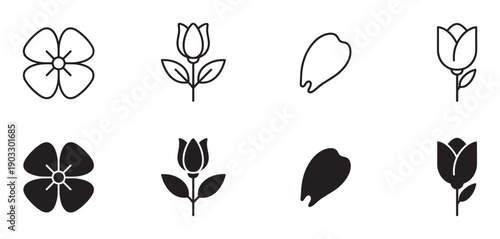 Set of minimalist black flower icons showing various floral designs in both outline and solid glyph styles for graphic design and web interface elements