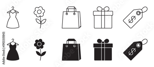 Set of black retail and fashion icons showing a dress, flower, shopping bag, gift box, and price tag in both line art and solid glyph styles for graphic design