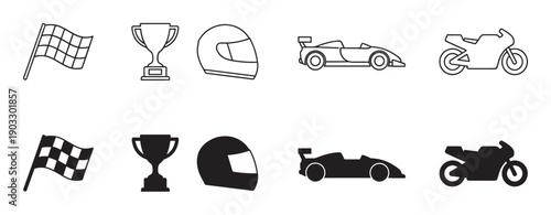 Black motor racing icon set featuring a checkered flag, winner's cup, helmet, formula car, and motorcycle, shown as both simple line art and solid black silhouettes