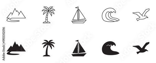 Set of ten black travel icons in two styles, outline and silhouette, showing a mountain, palm tree, sailboat, wave, and bird for vacation and nature concepts
