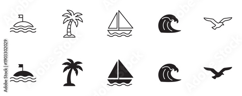 Black sea and beach themed icons set in two styles, line art and solid glyph, showing a palm tree, sailboat, wave, seagull, and island with a flag for summer vacation