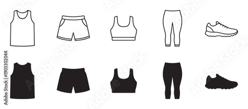 Sportswear and fitness clothing icon set featuring a tank top, shorts, bra, leggings, and sneaker in simple black line art and solid silhouette vector illustrations