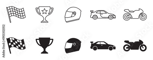Set of black racing and motorsport icons showing a checkered flag, trophy, helmet, car, and motorcycle in both line art and solid silhouette styles for competition concepts