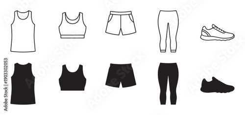 Fitness clothing and activewear icon set featuring a tank top, sports bra, shorts, leggings, and sneakers in minimalist line art and solid black silhouette vector styles