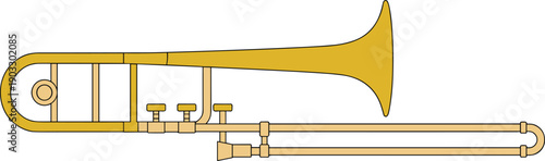 Golden color trombone illustration in flat style. Classic brass wind musical instrument with slide detail. Clean vector design for music education, posters, and band graphics.
