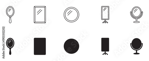 Black mirror icon set with various shapes including hand, wall, and table mirrors, presented in both minimalist line art and solid silhouette styles for graphic design
