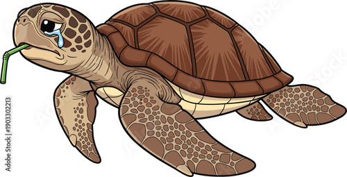 Sad Crying Sea Turtle Character With Plastic Straw In Mouth Environmental Pollution Concept Art For Ocean Conservation Vector Illustration