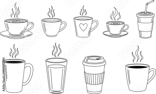 Coffee cup outline icons vector set. Steaming mugs, takeaway cups, and glasses in clean line style. Minimal black and white design for UI, menus, and café branding.