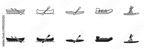 Black and white icon set of various boats and water sport activities, including a rowboat, canoe, kayak, raft, and paddleboard, presented in outline and solid styles