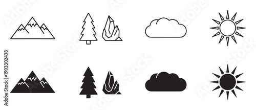 Collection of eight minimalist nature symbols including a mountain, pine tree, crystal, cloud, and sun, presented as both thin line art outlines and solid black filled silhouettes