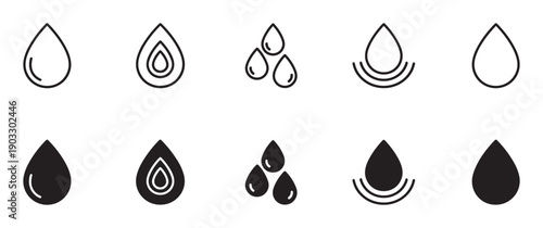 Collection of black water drop icons in line and solid glyph styles for user interface design, showing various liquid symbols like rain, oil, and moisture for web applications