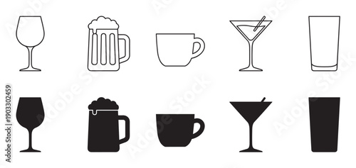 Set of black drinkware icons showing various glasses and mugs in both outline and silhouette styles for different beverages like wine, beer, cocktails, and coffee