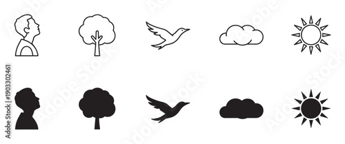 Black vector icon set with nature elements including a human profile, tree, flying bird, cloud, and sun, presented in two distinct styles of line art and solid silhouette