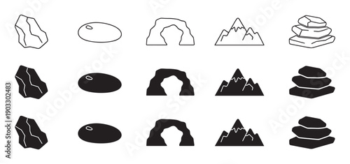 Black and white nature icon collection showing rocks, mountains, arches, and stacked cairns in minimalist outline and solid glyph styles for graphic design
