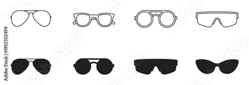 Collection of various sunglasses and glasses icons presented in a minimalist graphic style, featuring different frame shapes as both solid black silhouettes and simple line art outlines