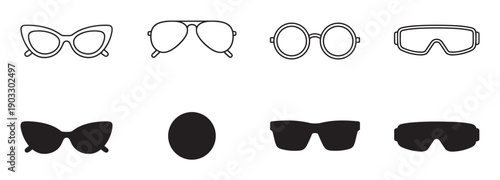 Set of various sunglasses and eyeglasses icons shows different shapes and designs like cat-eye, aviator, and sport goggles in both line art and solid black silhouette styles