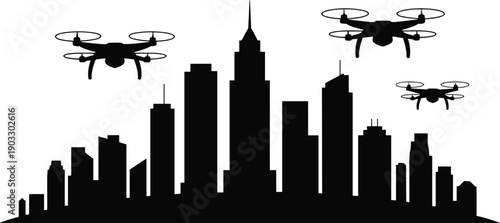 Drone silhouette over city skyline, urban drone vector, aerial technology illustration, flying quadcopter design, smart city surveillance graphic