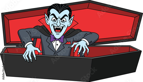 Spooky Cartoon Vampire Character Rising From An Open Coffin With Scary Expression And Sharp Fangs For Halloween Holiday Vector Illustration