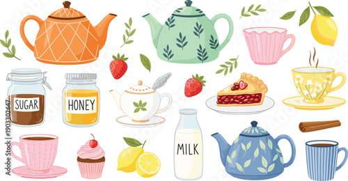 Tea party elements vector set illustration. Cute teapots, cups, honey, lemon, milk, and desserts. Clean flat design for café branding, menus, and cozy beverage graphics.