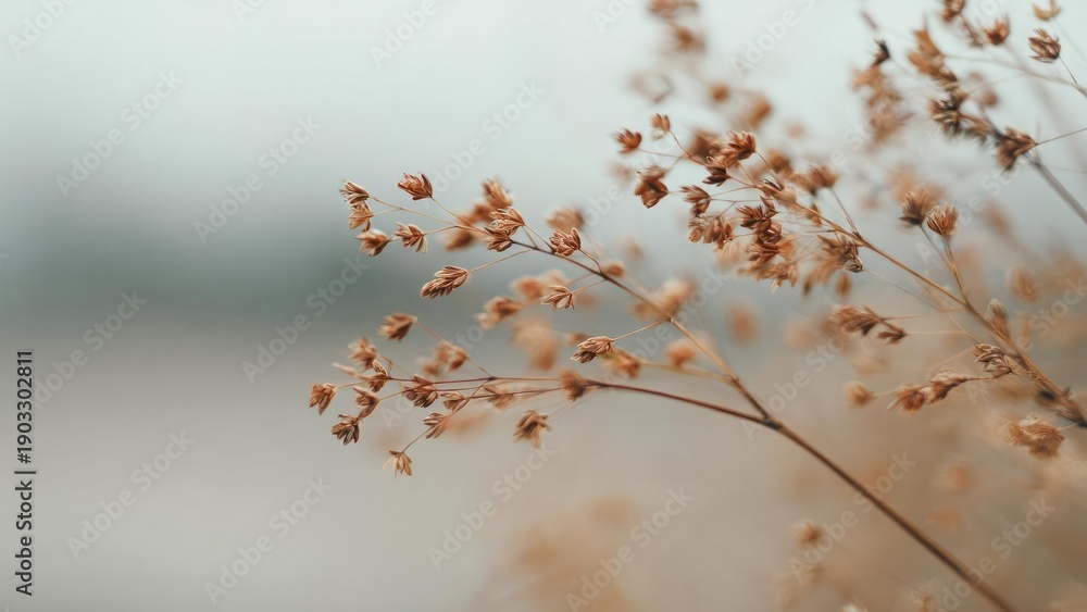 Obraz premium Close-up of dried grass seed heads on delicate stems against a soft, muted background. Concept Close-up grass seed heads, Delicate stems, Soft backdrop, Muted earthy palette, Textural natural detail