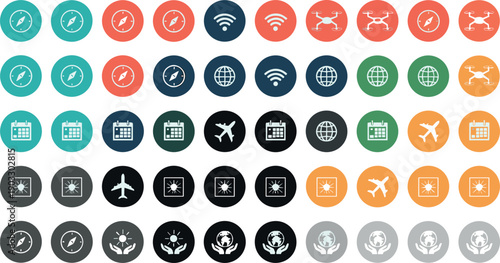 Flat Travel and Technology Icon Set with Navigation Signal Airplane Globe Calendar and Communication Symbols in Colorful Circles