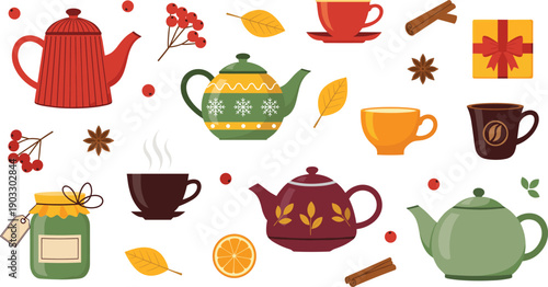 Tea time elements vector set illustration. Teapots, cups, spices, berries, and leaves in warm autumn colors. Clean flat design for café branding, menus, and cozy beverage graphics.