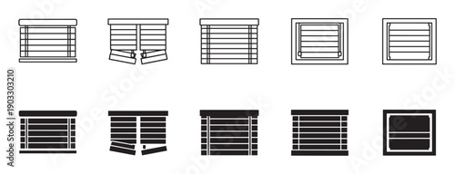 Window blind and shade icon set featuring various styles of horizontal jalousie and roller shades presented in both black line art and solid glyph vector illustrations