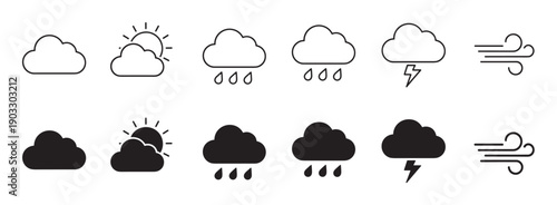 Set of black weather icons in line and solid glyph styles depicting various meteorological conditions like clouds, sun, rain, thunderstorm, and wind for forecast applications