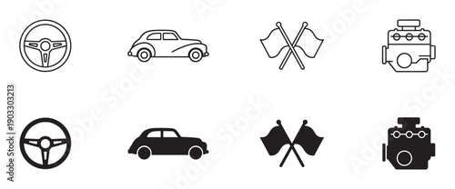 Set of black automotive icons featuring a steering wheel, classic car, crossed racing flags, and an engine, presented in both minimalist outline and solid silhouette styles