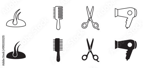 Set of black hair salon icons featuring a hair follicle, comb, scissors, and hairdryer in both line art and solid silhouette styles for hairdressing and beauty concepts