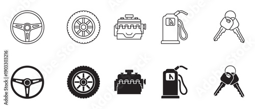 Set of black automotive service and parts icons showing a steering wheel, tire, engine, fuel pump, and keys in both line art and solid silhouette styles for graphic design