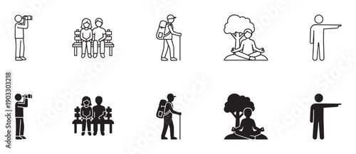 Set of black outdoor activity icons in line art and glyph styles showing people hiking, meditating, sightseeing, and resting on a bench for user interface design