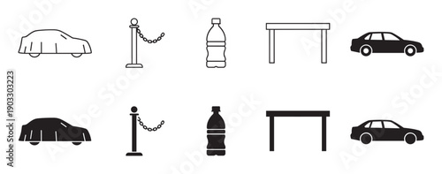 Collection of black vector icons featuring a covered car, stanchion, bottle, table, and sedan in both minimalist outline and solid glyph styles