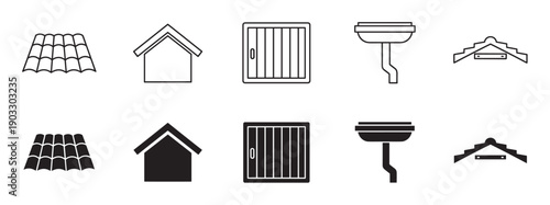Roofing construction and building material icon set with tiles, house silhouette, skylight, gutter, and ridge in simple outline and solid black glyph vector styles