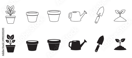 Black gardening icon set collection showing a plant, pot, trowel, and watering can in minimalist outline and solid silhouette vector illustration styles