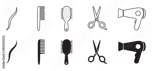 Black and white hairdresser icon set with a hair strand, comb, brush, scissors, and hairdryer in both outline and solid silhouette styles for a beauty salon or barbershop concept