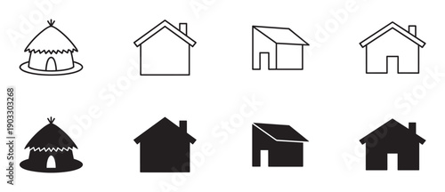 Set of black house icons in outline and silhouette styles features various architectural designs, including a traditional hut and simple residential buildings for graphic design