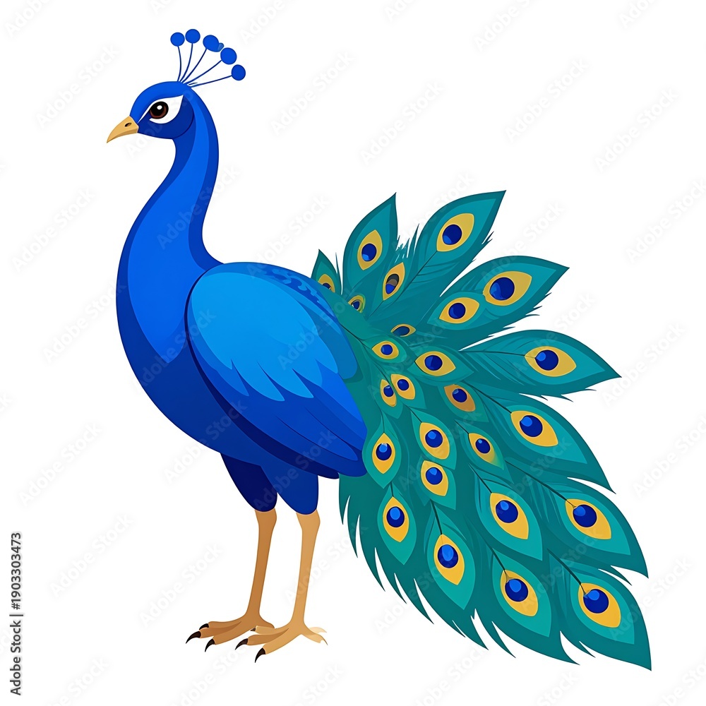 Fototapeta premium Cartoon illustration of a vibrant blue peacock with a long, patterned tail on a white background
