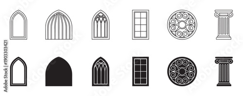 Collection of architectural element icons featuring Gothic arched windows, a classical column, and a rosette in both black outline and solid silhouette styles for graphic design