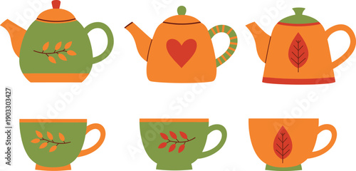 Cute teapot and teacup vector set illustration. Colorful kitchen tea ware with leaf and heart decorations. Flat design for café branding, menus, and cozy lifestyle graphics.