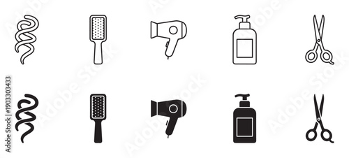 Hairdressing and beauty salon vector icon set with minimalist black line art and solid glyphs of scissors, a hairdryer, brush, and a cosmetic product bottle